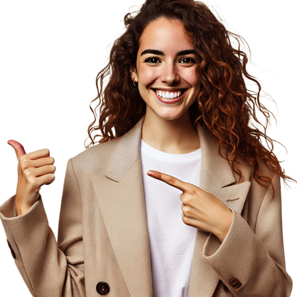 Smiling woman in beige coat giving thumbs up.
